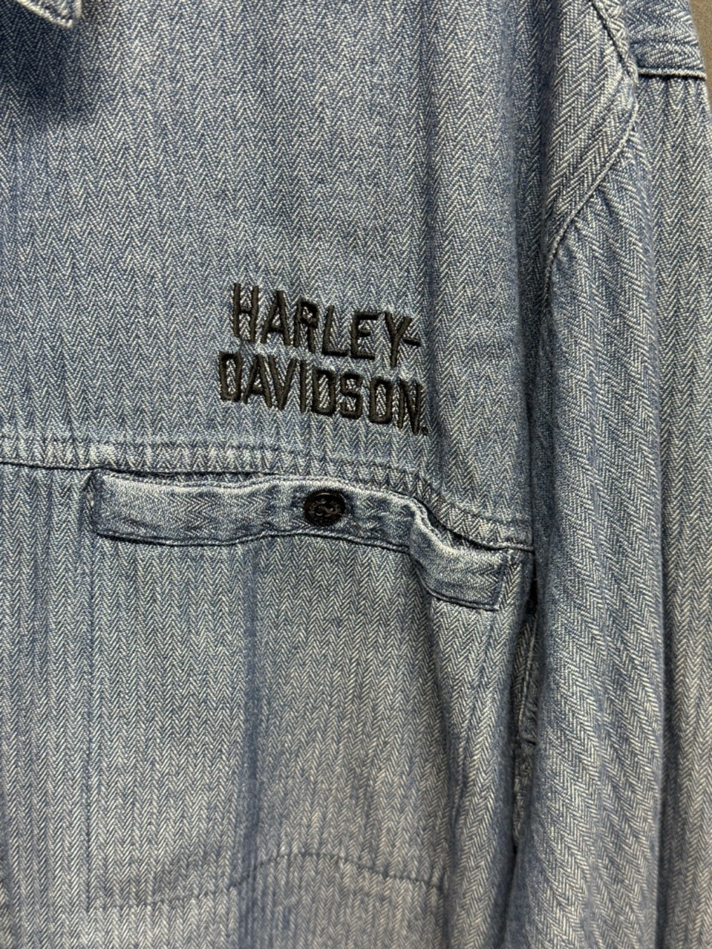 Vintage Harley Davidson Embroidered Denim Shirt XL Blue Herringbone Button Up - Picture 8 of 10